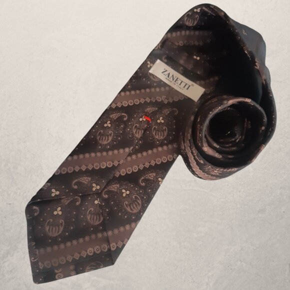 Zanetti Silk Necktie -Brown, Black & Tan Diagonal Stripe w/ Paisley - Picture 3 of 11
